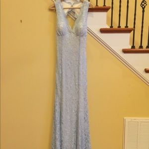 Ice blue lace v neck prom dress w/ open back